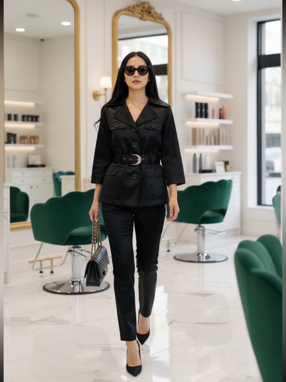 MOA MOA BLACK SOFT SATIN FEEL JACKET WITH BELT